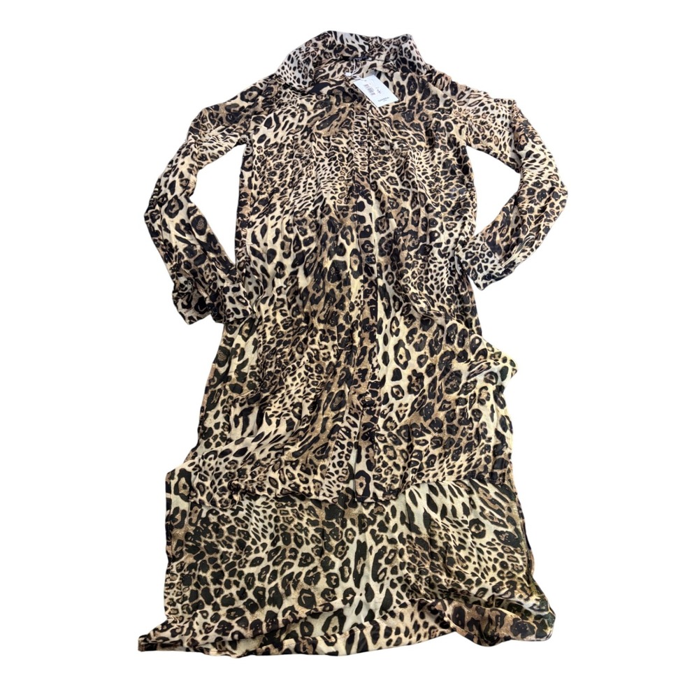Ombra USA Leopard Print Maxi Dress Long Sleeve‎ Collared Button Down Women's